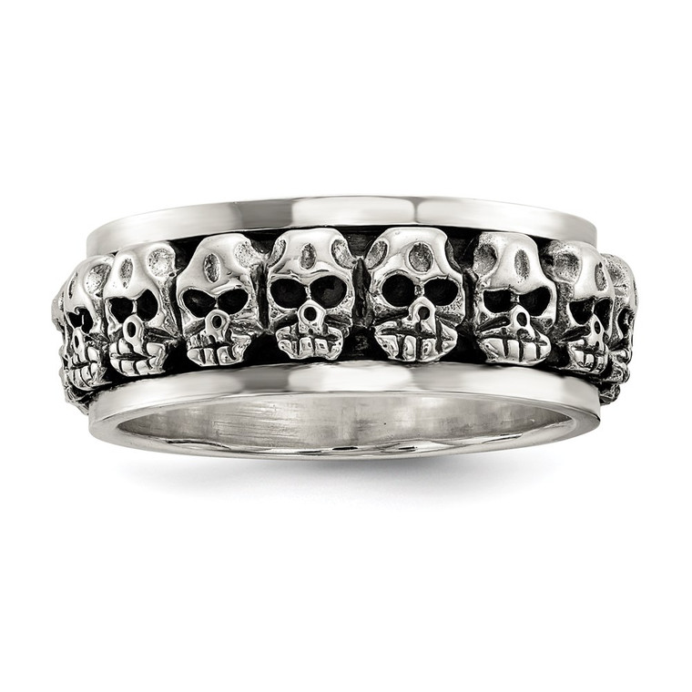 Sterling Silver Polished Spinning Center Antiqued Skull Ring - QR-7CF1B41B-7986