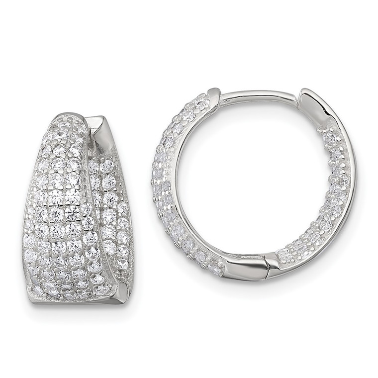 Sterling Silver Polished Tapered In and Out CZ 16mm Hinged Round Hoop Earrings