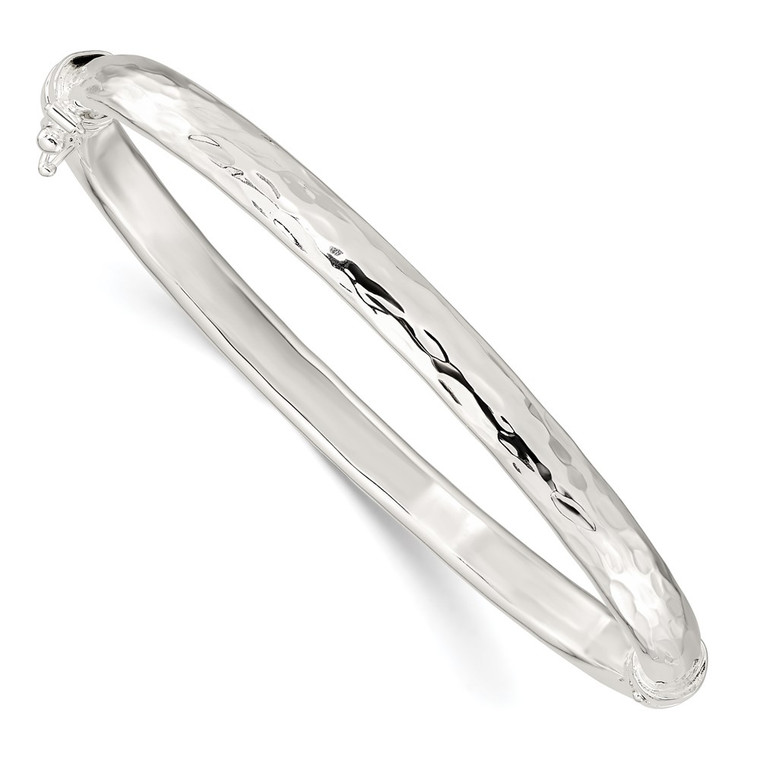 Sterling Silver Polished Textured Hinged Bangle - QB-2D6373A5-2711