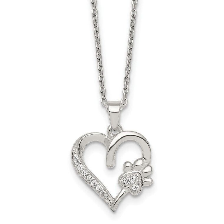 Sterling Silver Polished White CZ Heart and Paw Print 16 inch Necklace