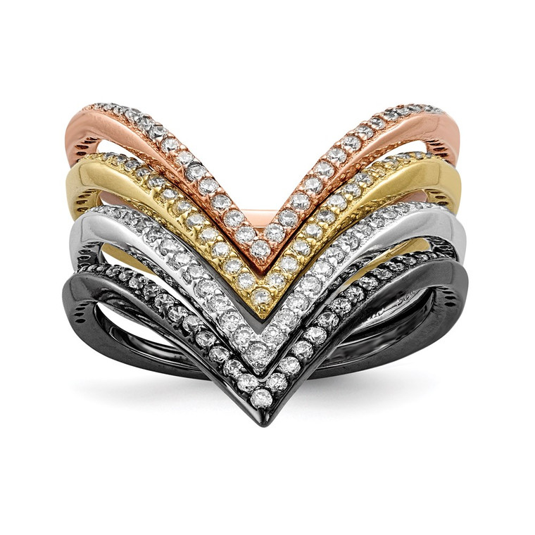 Sterling Silver Rhodium & Black-plate, Gold & Rose-tone CZ 4 Ring Set - QR-080B2623-6769