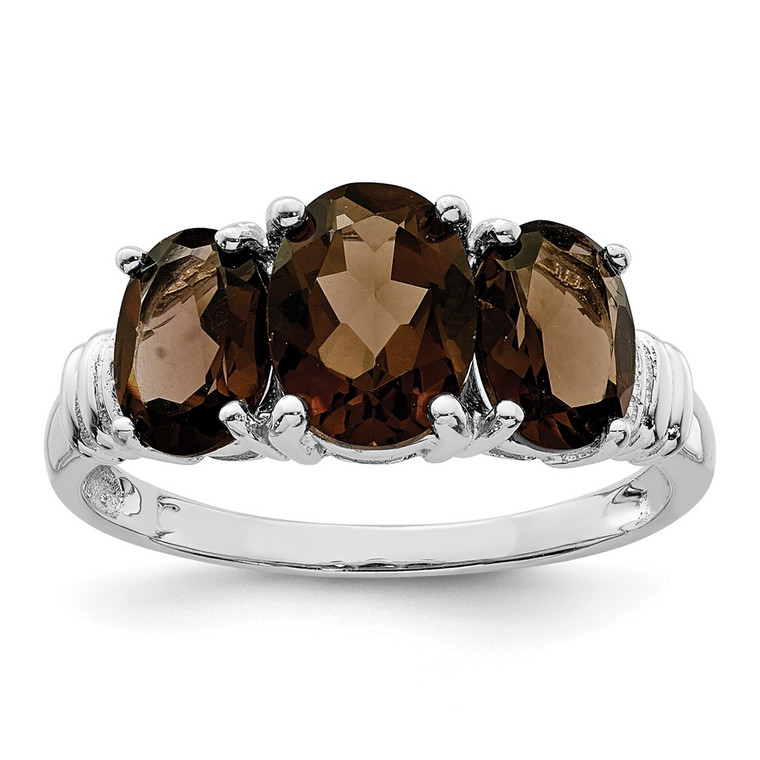 Sterling Silver Rhodium 3 Stone Smoky Quartz & Diamond Ring - QR-6B35AF26-8639