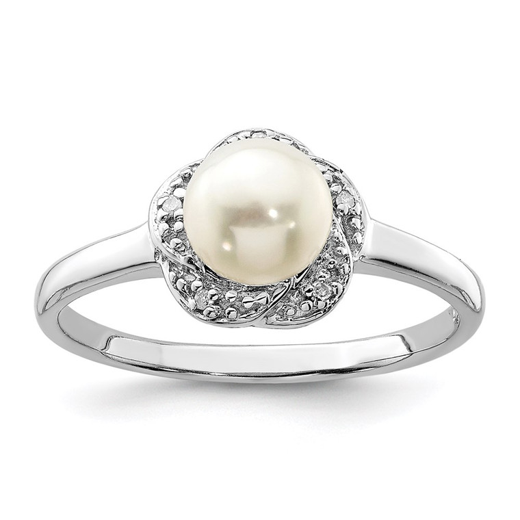 Sterling Silver Rhodium 6mm FW Cultured Button Pearl & Diamond Ring - QD-04EB932E-8934