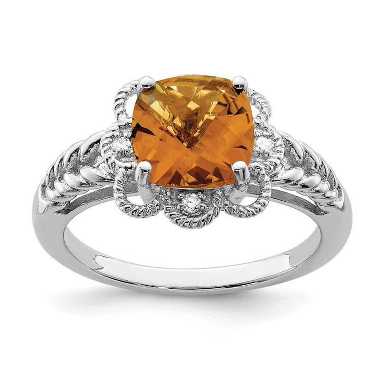 Sterling Silver Rhodium Checker-Cut Whiskey Quartz & Diam. Ring - QR-47006F9D-8413