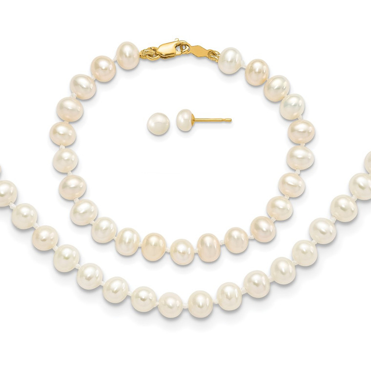 14k 4-5mm White Freshwater Cultured Pearl 14 inch Necklace, 5 inch Bracelet and Post Earrings Set