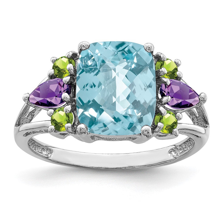 Sterling Silver Rhodium Light Swiss Blue Topaz, Amethyst & Peridot Ring - QR-C7D90CBB-3221