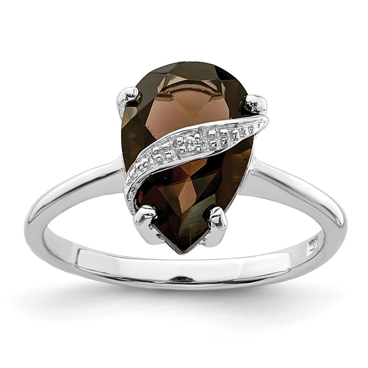 Sterling Silver Rhodium Pear Smoky Quartz & Diamond Ring - QR-A1157096-8079