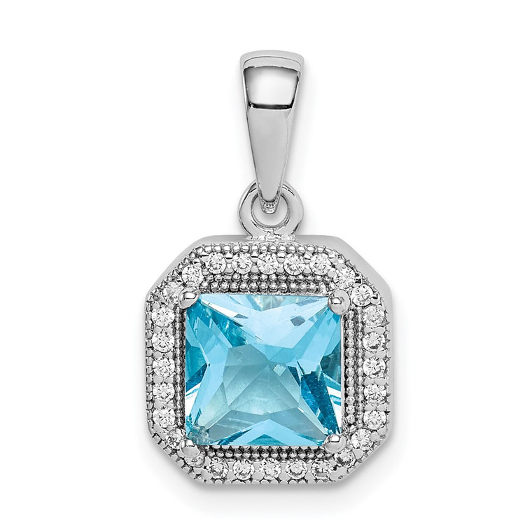 Sterling Silver Rhodium Plated Clear CZ and Square Blue CZ Pendant - QP-452DAE13-1668