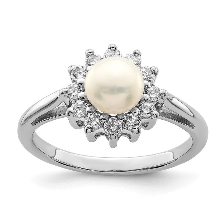 Sterling Silver Rhodium Plated CZ and FW Cultured Pearl Ring - QR-DD34AEE8-2000