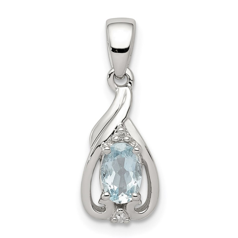 Sterling Silver Rhodium Plated Dia. & Aquamarine Oval Pendant - QP-3F0408CA-5021