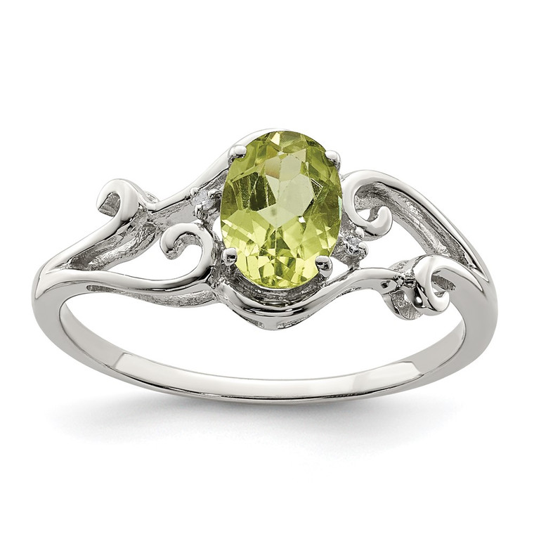 Sterling Silver Rhodium Plated Diamond and Peridot Oval Ring - QR-168EB08D-5345