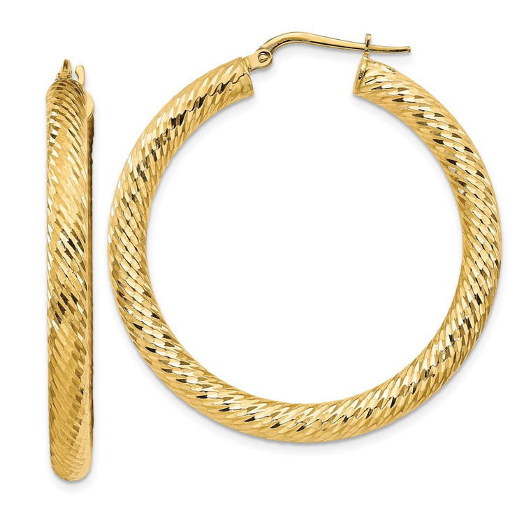 14k 4x30mm Diamond-cut Round Hoop Earrings