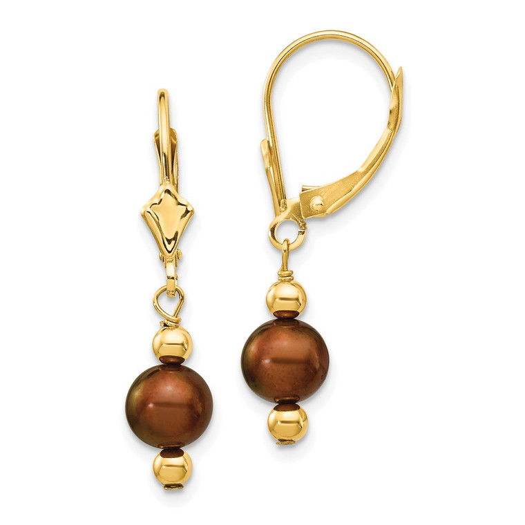 14k 5-6mm Brown Semi-round Freshwater Cultured Pearl Dangle Leverback Earrings - XF-13DD9231-1671