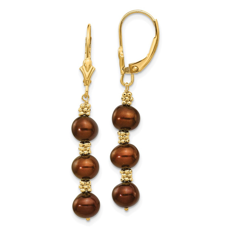 14k 5-6mm Brown Semi-Round Freshwater Cultured Pearl Dangle Leverback Earrings - XF-551E3B52-4728