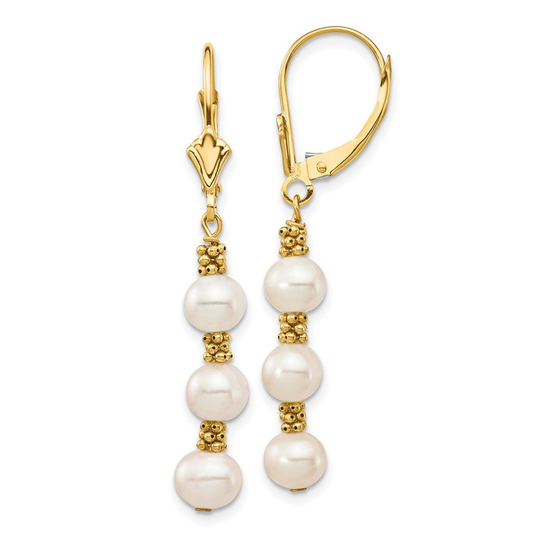 14k 5-6mm White Semi-Round Freshwater Cultured Pearl Dangle Leverback Earrings - XF-C588A139-6168