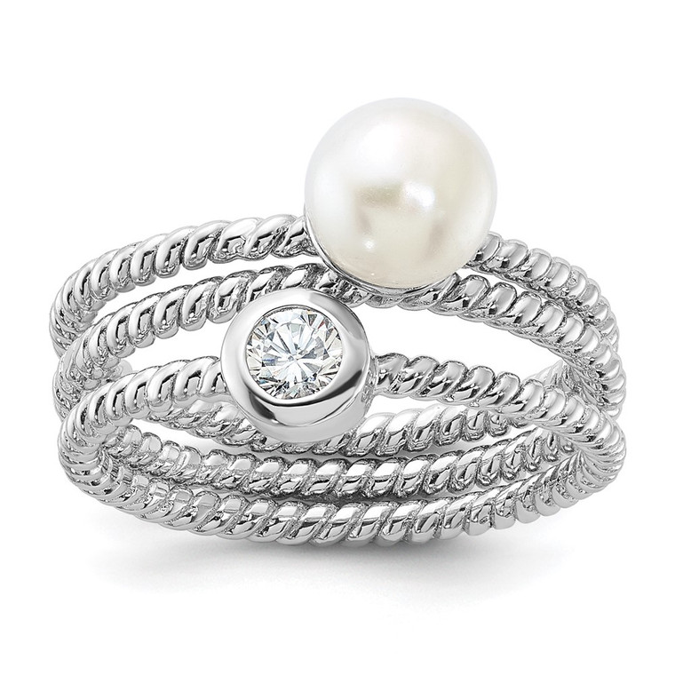 Sterling Silver Rhodium-plated 6-7mm White Freshwater Cultured Pearl and CZ 3 Ring Set - QR-DD267707-4431