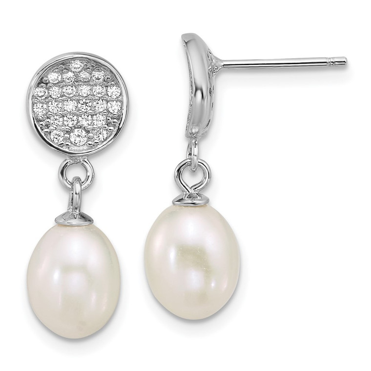 Sterling Silver Rhodium-plated 6-8mm Teardrop White Freshwater Cultured Pearl and Pave CZ Dangle Post Earrings