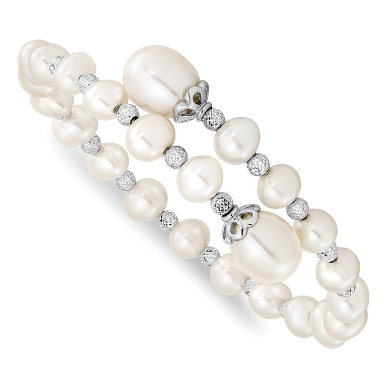 Sterling Silver Rhodium-plated 6-9mm White Teardrop and Near-Round Freshwater Cultured Pearl with Diamond-cut Beaded Wrap Flexible Bangle