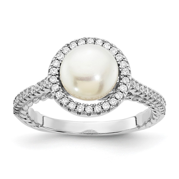 Sterling Silver Rhodium-plated 7-8mm Button White Freshwater Cultured Pearl and CZ Ring - QR-C85555EC-5307