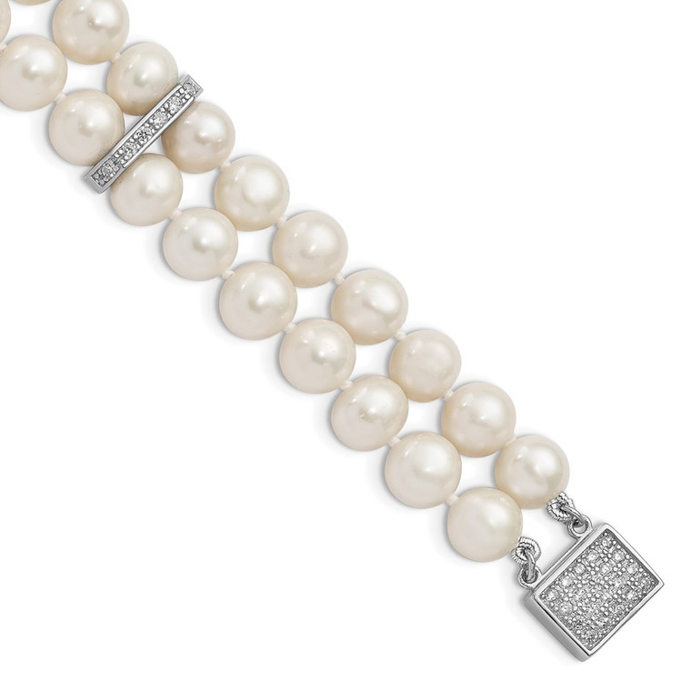 Sterling Silver Rhodium-plated 7-8mm White Near-round Freshwater Cultured Pearl and CZ 2-Strand 7 inch Bracelet