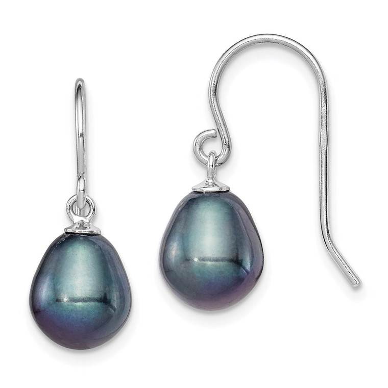 Sterling Silver Rhodium-plated 8-9mm Black Rice Freshwater Cultured Pearl Dangle Earrings