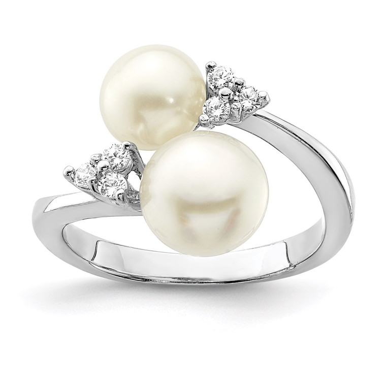 Sterling Silver Rhodium-plated 8-9mm White Button Freshwater Cultured Pearl and CZ Ring - QR-60151800-6880
