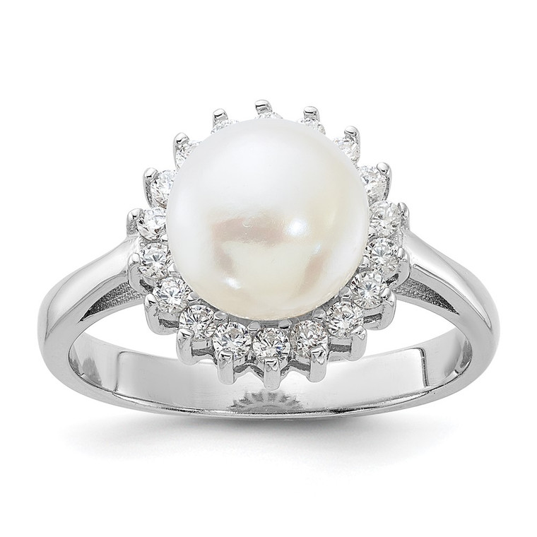 Sterling Silver Rhodium-plated 8-9mm White Freshwater Cultured Pearl and CZ Ring - QR-A7D9ACFD-7501