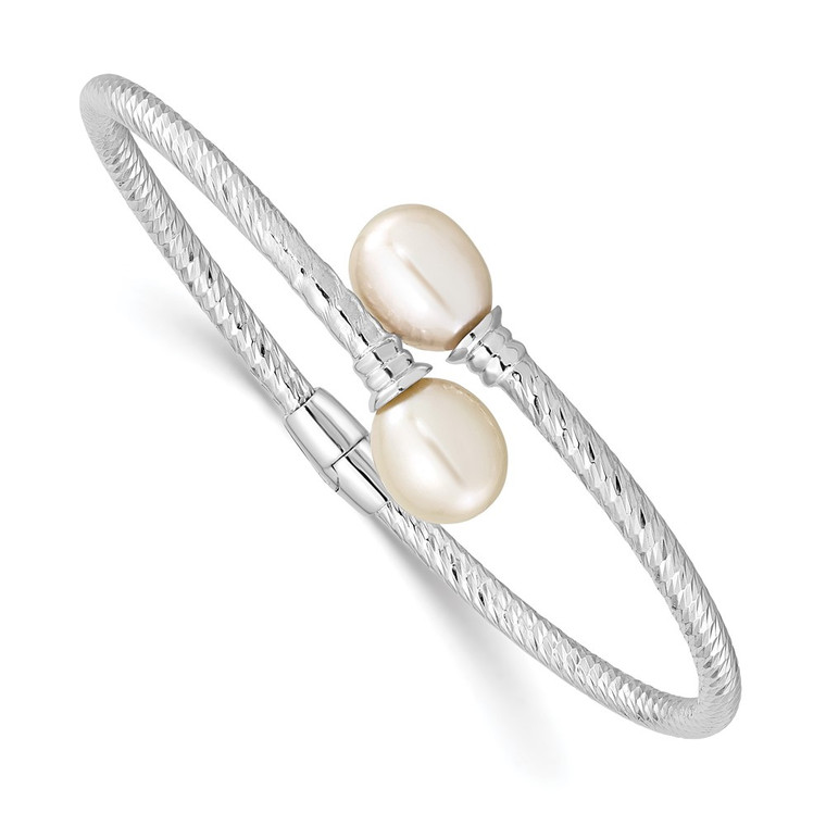 Sterling Silver Rhodium-plated 8-9mm White Rice Freshwater Cultured Pearl Hinged Bangle