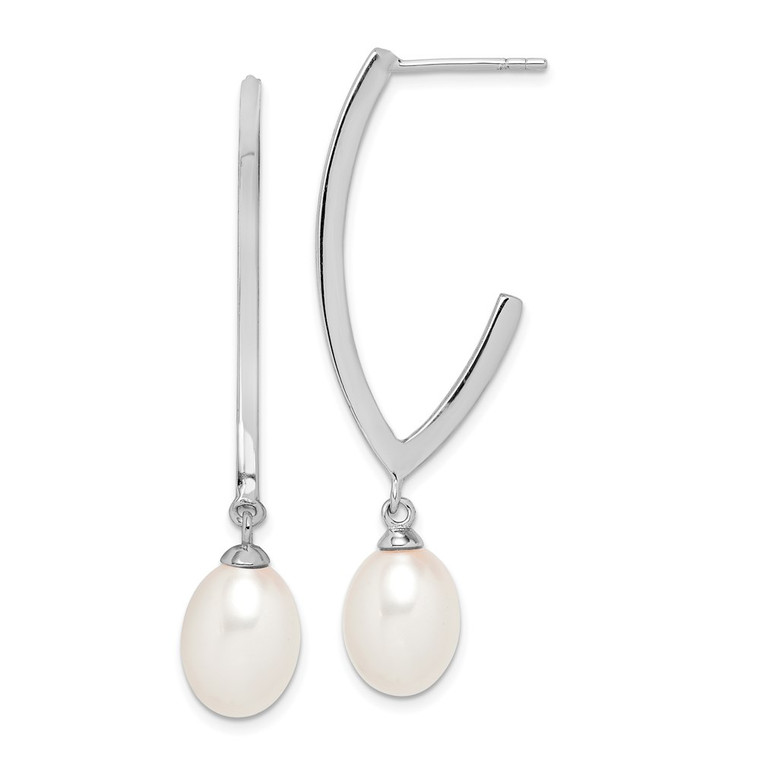 Sterling Silver Rhodium-plated 8-9mm White Rice Freshwater Cultured Pearl Post Dangle Earrings