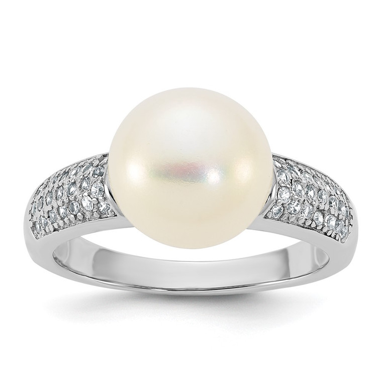 Sterling Silver Rhodium-plated 9-10mm Button White Freshwater Cultured Pearl and CZ Size 7 Ring