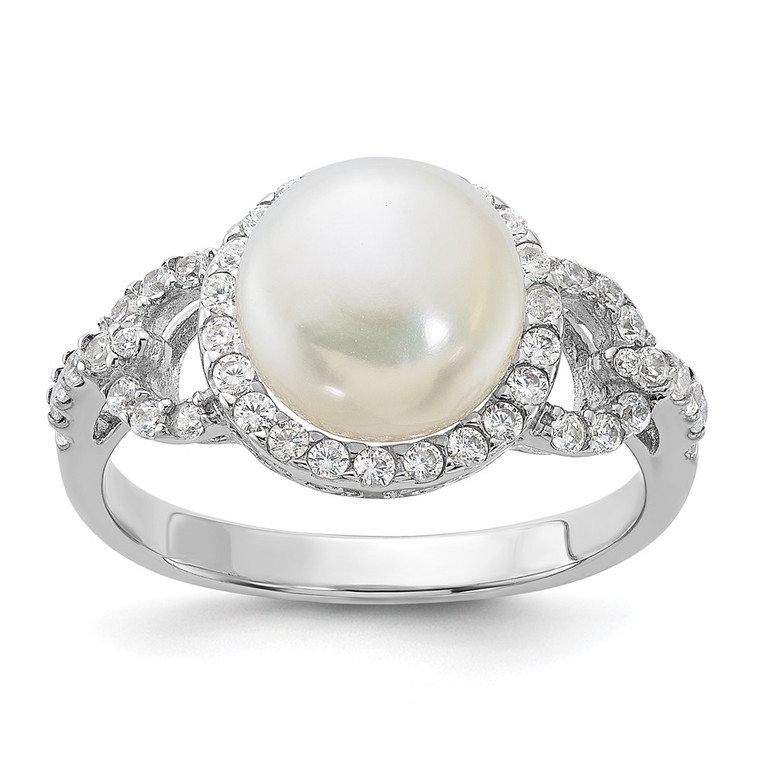 Sterling Silver Rhodium-plated 9-10mm White Button Freshwater Cultured Pearl and CZ Ring - QR-81D68AE1-1894
