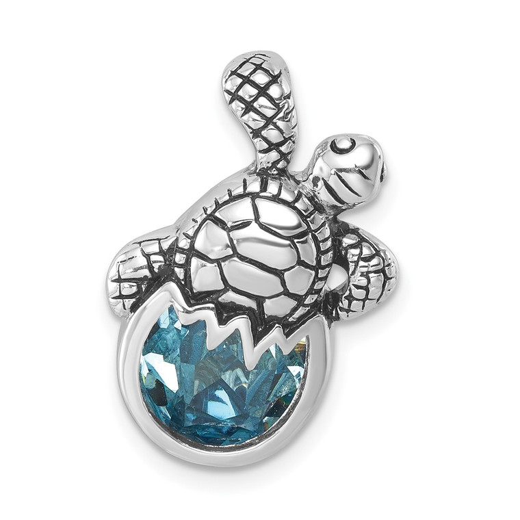 Sterling Silver Rhodium-Plated Antiqued Crystal Hatching Turtle Pendant - PL-AC0EB94B-9117