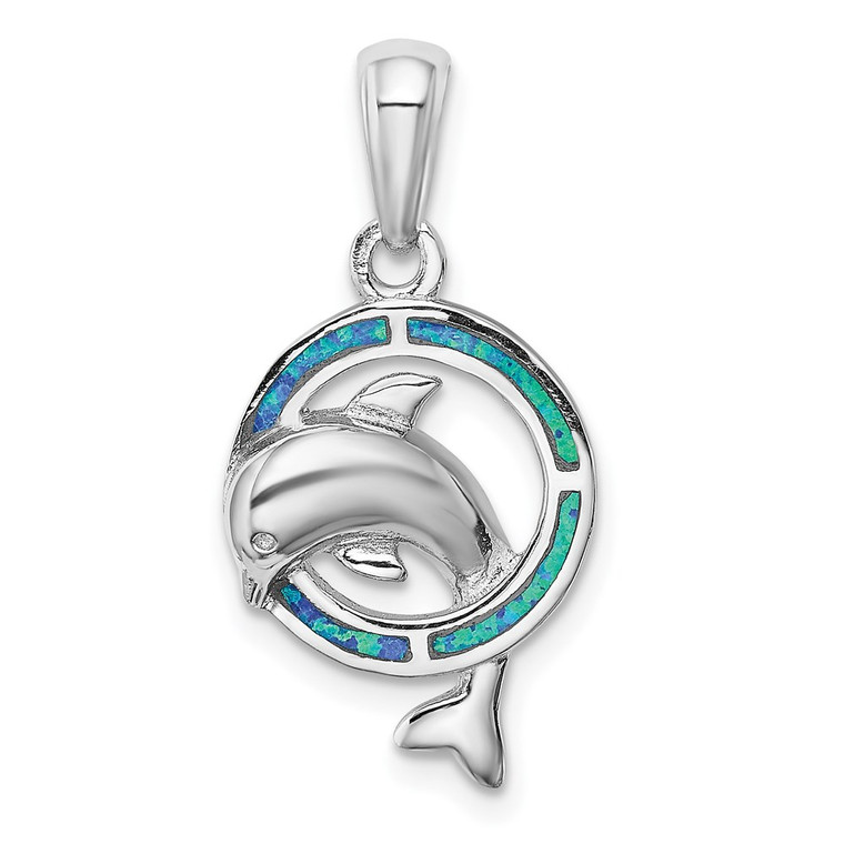Sterling Silver Rhodium-plated Blue Inlay Created Opal Dolphin Pendant - QP-08CEF45B-3280