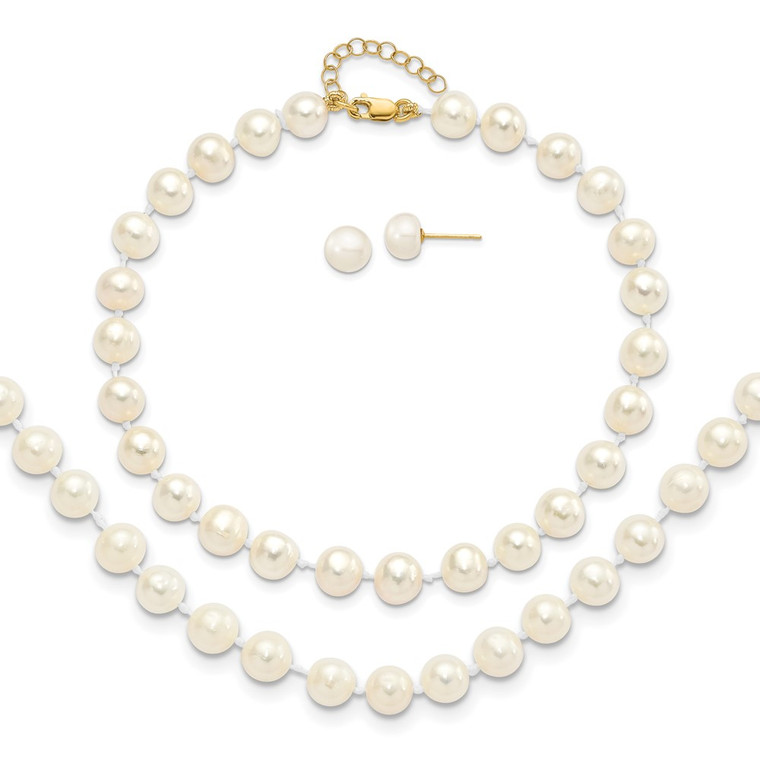 14k 6-7mm White Round Freshwater Cultured Pearl 7.25 inch with 1 Extender Bracelet/18 inch with 2 inch Extender Necklace/Button Earrings Set