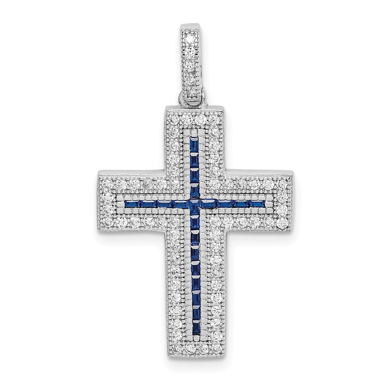 Sterling Silver Rhodium-plated CZ & Lab Cr. Blue Spinel Cross Pendant - QC-10E16635-4293
