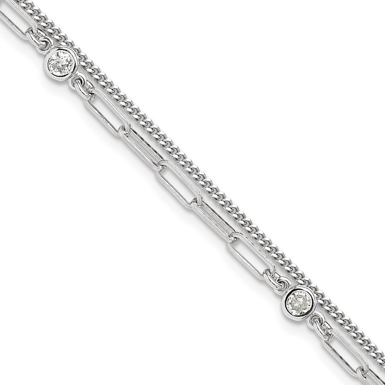 Sterling Silver Rhodium-plated CZ 2 Strand 6.75in w/1in ext. Bracelet