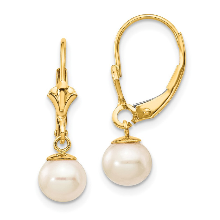 14k 6-7mm White Round Freshwater Cultured Pearl Dangle Leverback Earrings