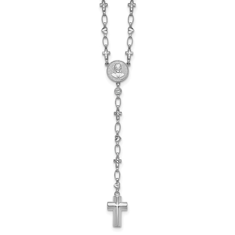 Sterling Silver Rhodium-plated CZ and Diamond-cut Heart and Cross Link with Cross Ash Holder 28.5 inch Rosary Necklace