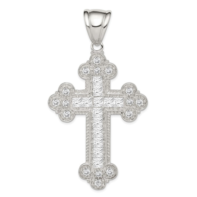 Sterling Silver Rhodium-plated CZ Budded Cross Pendant - QC-028F4733-5459