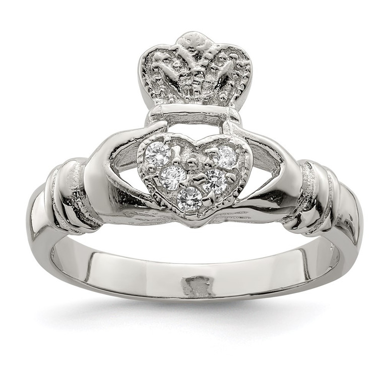 Sterling Silver Rhodium-plated CZ Claddagh Ring - QR-BBF8DAD2-4884