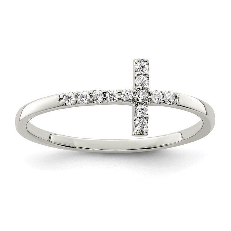 Sterling Silver Rhodium-plated CZ Sideways Cross Ring - QR-0607F34D-9179