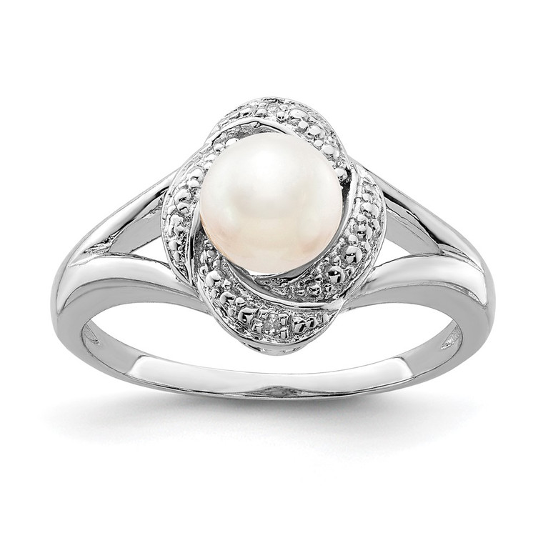 Sterling Silver Rhodium-plated Diam. & FW Cultured Pearl Ring - QB-398D4D2B-6656