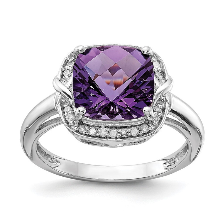 Sterling Silver Rhodium-plated Diamond & Checker-Cut Amethyst Ring - QR-80445866-3163