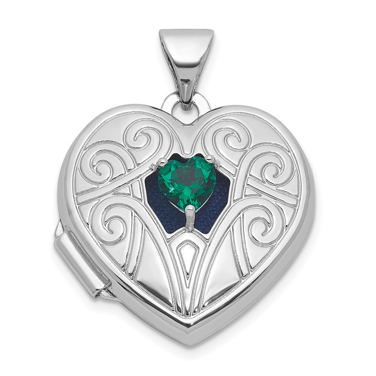 Sterling Silver Rhodium-plated Lab Created Emerald May Birthstone 18mm Heart Locket