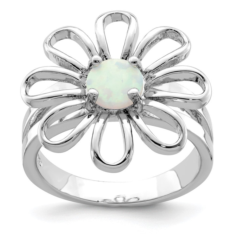 Sterling Silver Rhodium-plated Lab Created Opal Flower Ring - QR-11282BEC-6925