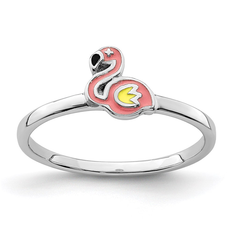 Sterling Silver Rhodium-plated Multi-color Enameled Flamingo Children's Ring - QR-A4E51DE2-4116