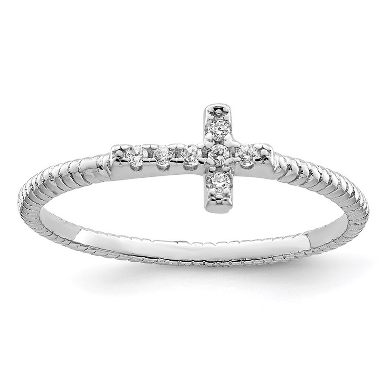 Sterling Silver Rhodium-plated Polished & Textured CZ Cross Ring - QR-48D81391-6414