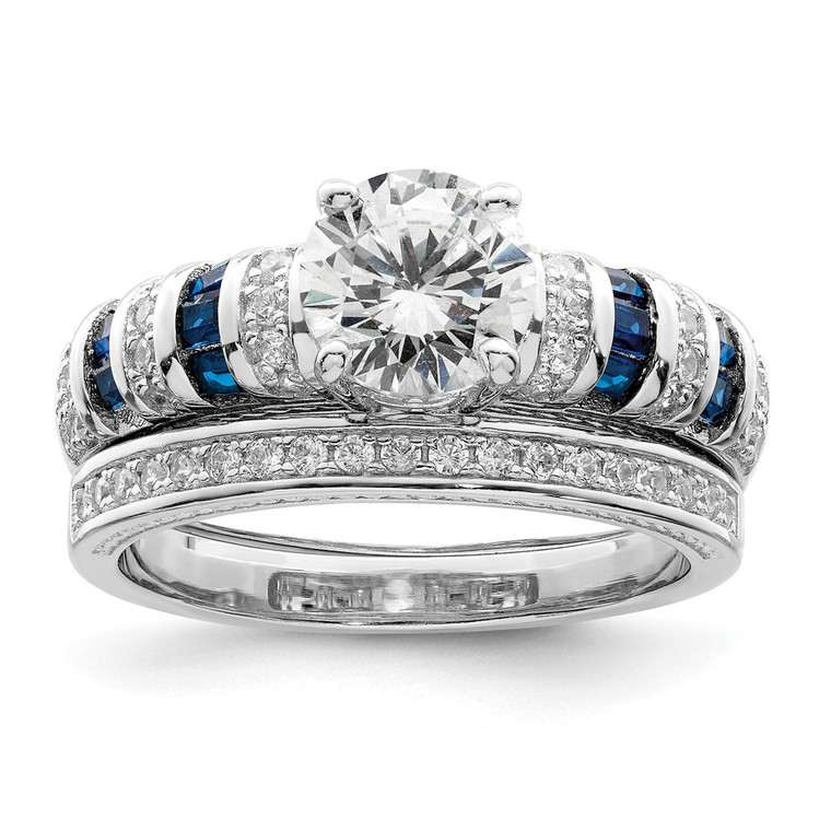 Sterling Silver Rhodium-plated Polished Blue & White CZ Engagement & Band R - QR-3716C963-9655