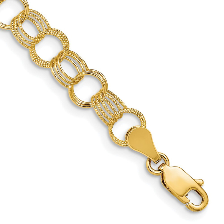 14k 7.5mm Solid Polished and Textured Triple Link 8 inch Charm Bracelet