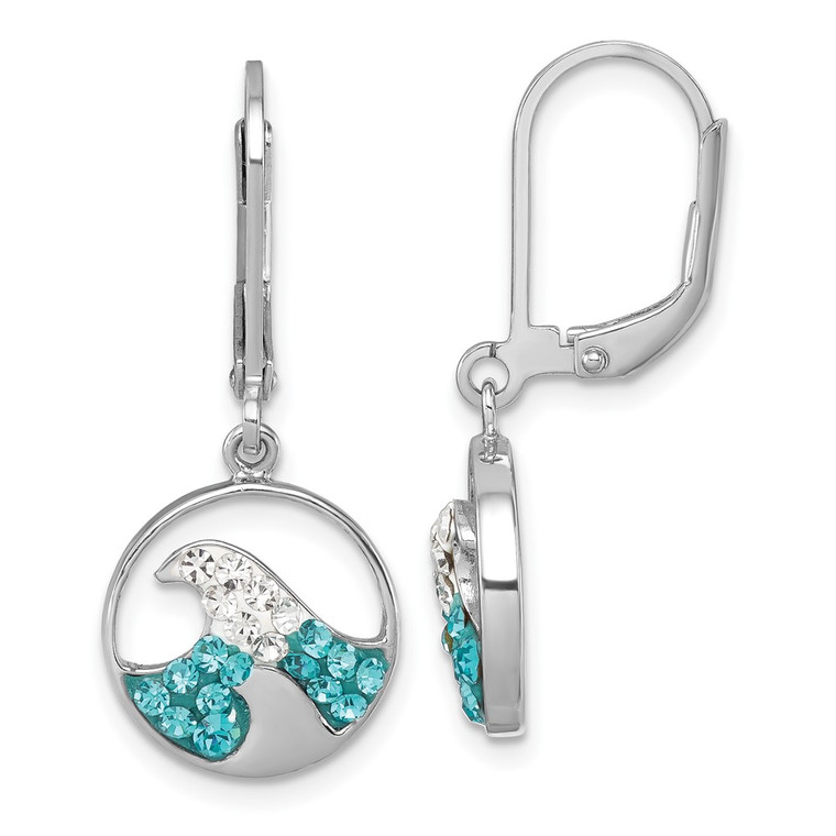 Sterling Silver Rhodium-Plated Polished Crystal Whitecap Wave Dangle Leverback Earrings